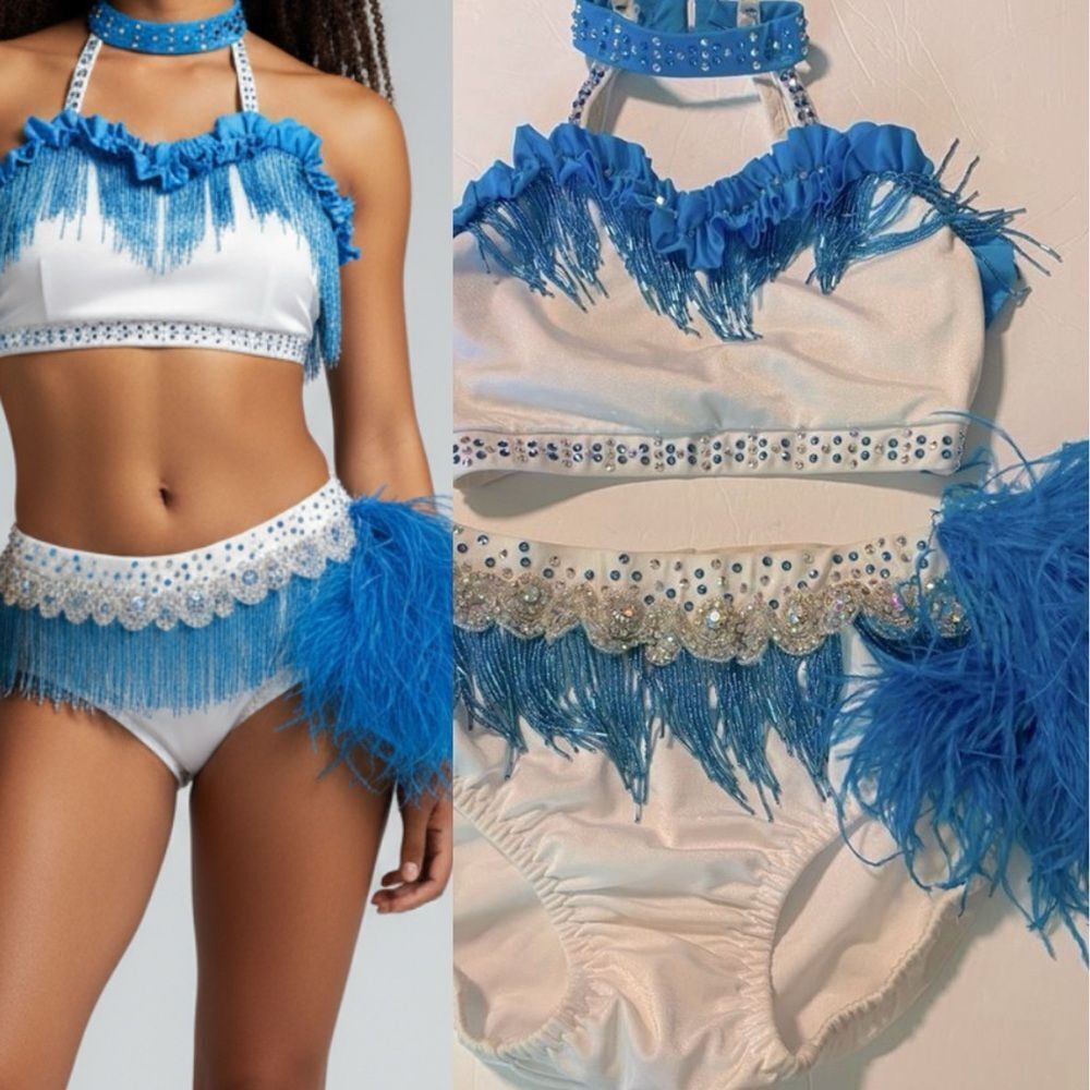 Custom solo Glamorous dance costume white blue 2 piece bling feather lyrical XSA